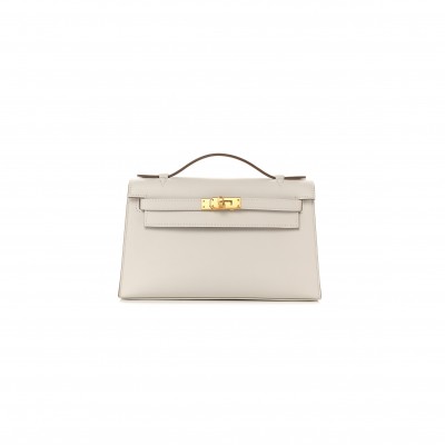 HERMÈS MASTER SWIFT KELLY POCHETTE CLUTCH MILKSHAKE WHITE GOLD BUCKLE(22*14*7cm) 